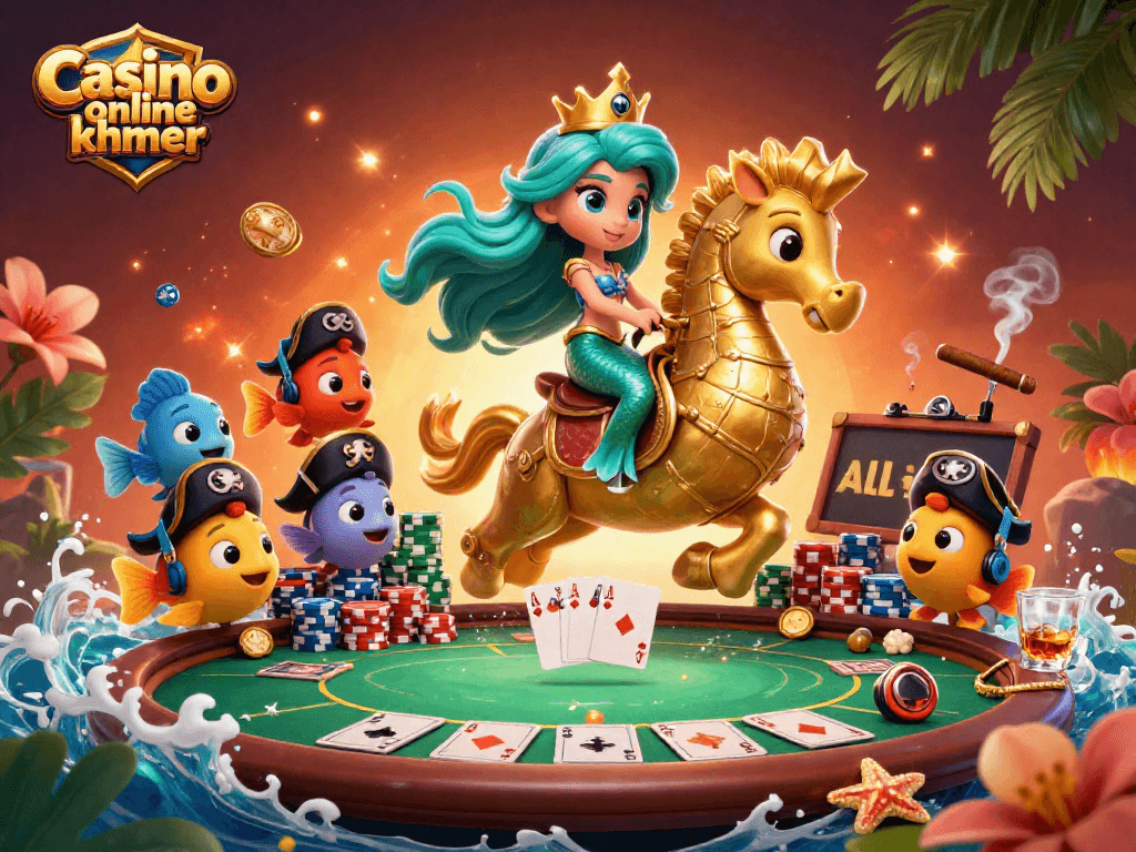 Engage with top games at Casino online khmer featuring a vibrant mermaid, seahorse, and colorful poker elements.