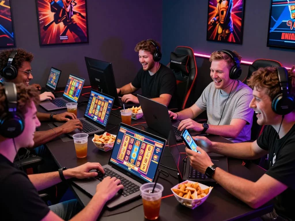 Pemain menikmati permainan slot laoban188 di laptop dan smartphone dalam lingkungan permainan yang ramai.