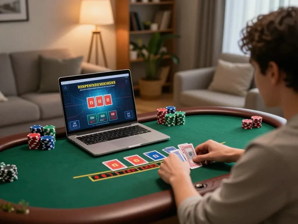 Player engaging in MM88 online blackjack strategy at home desk.