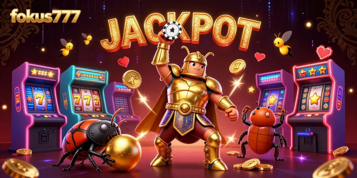 Win big with fokus777 in a vibrant casino scene featuring a victorious beetle and dynamic game elements.