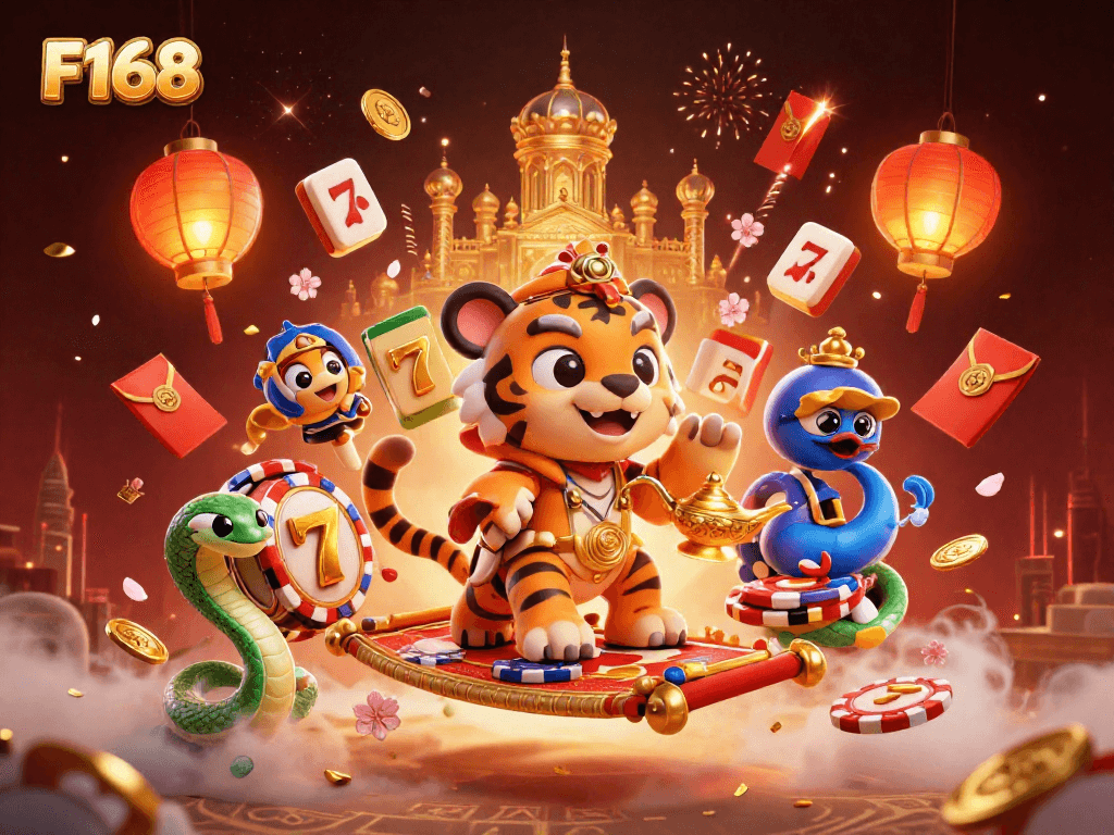 F168 showcases a vibrant casino scene with a tiger sultan, slot reels, and jackpots for exhilarating gameplay.