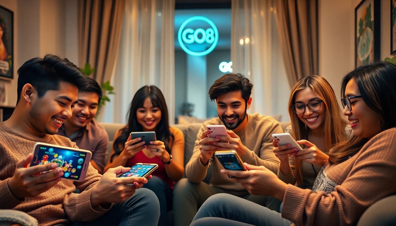 Tải GO88: Excited players engaged in online gaming with vibrant colors and cozy atmosphere.