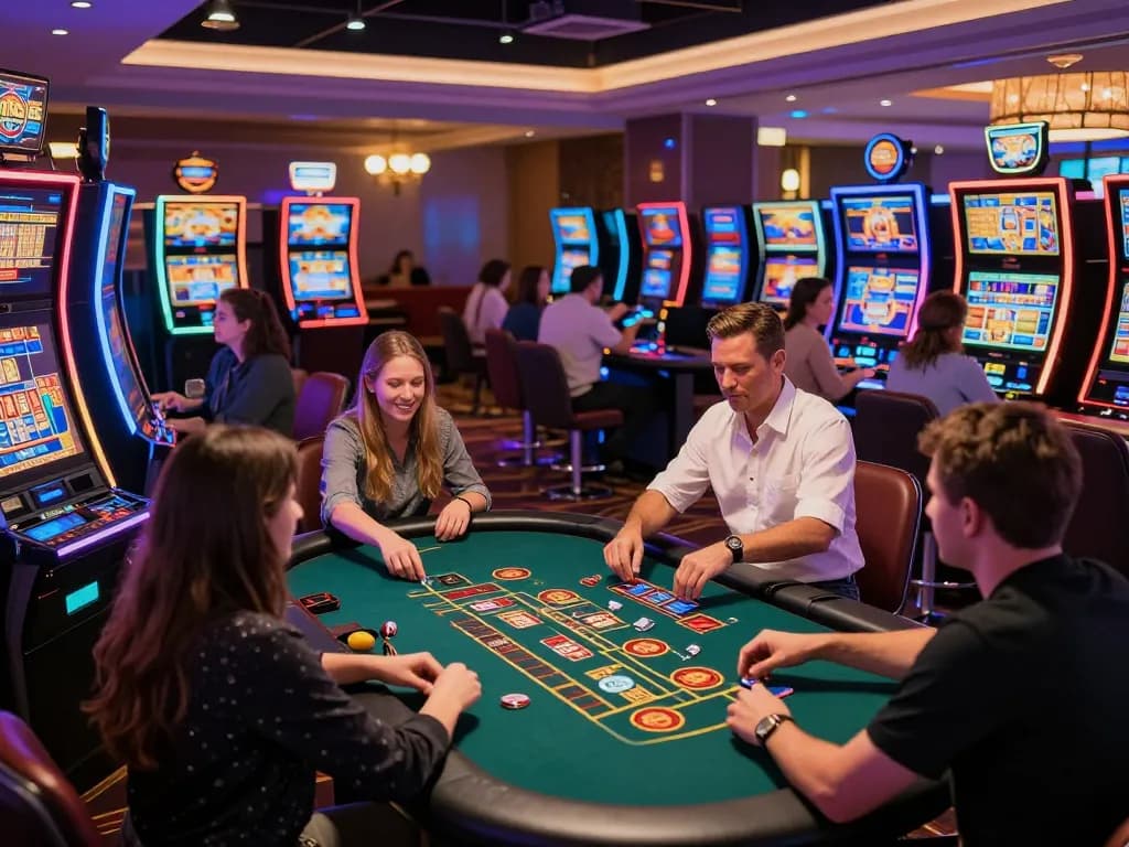 Players enjoying exciting slot777 games in a vibrant casino atmosphere, showcasing thrilling action and colorful lights