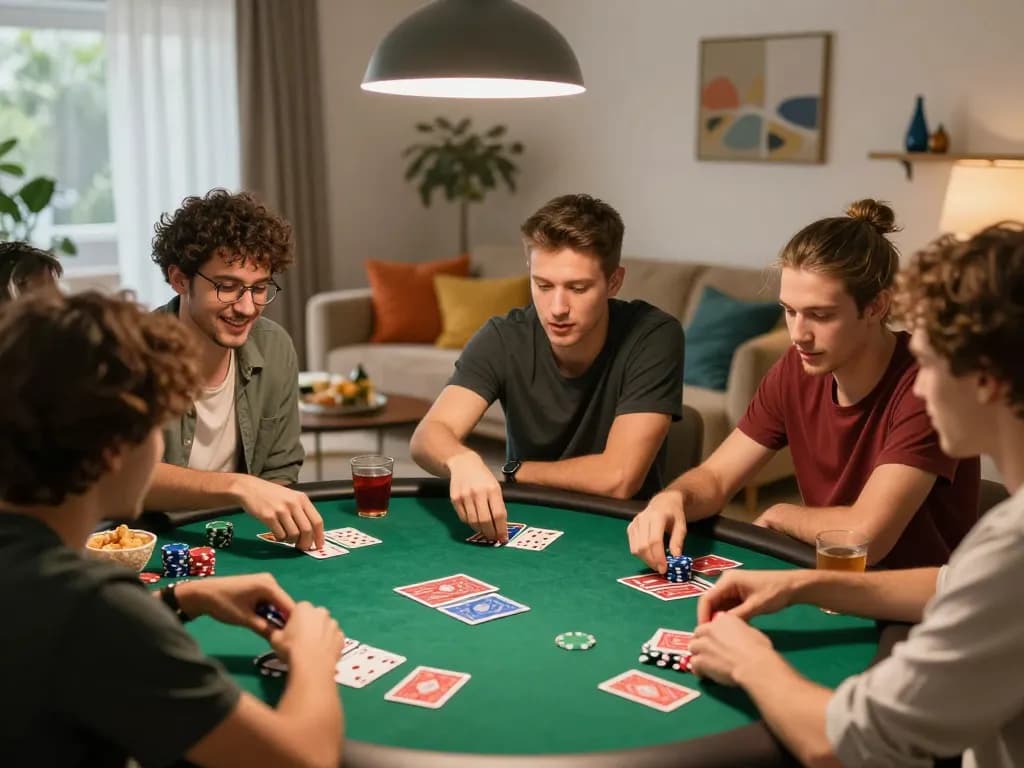 Friends engaging in a lively poker game at home, showcasing strategic play with chips and cards in focus while celebrating fun with XX88.