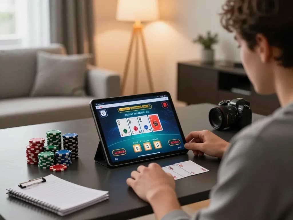 88aa player engaged in a live dealer blackjack game on tablet at home, showcasing colorful poker chips and strategy notes.