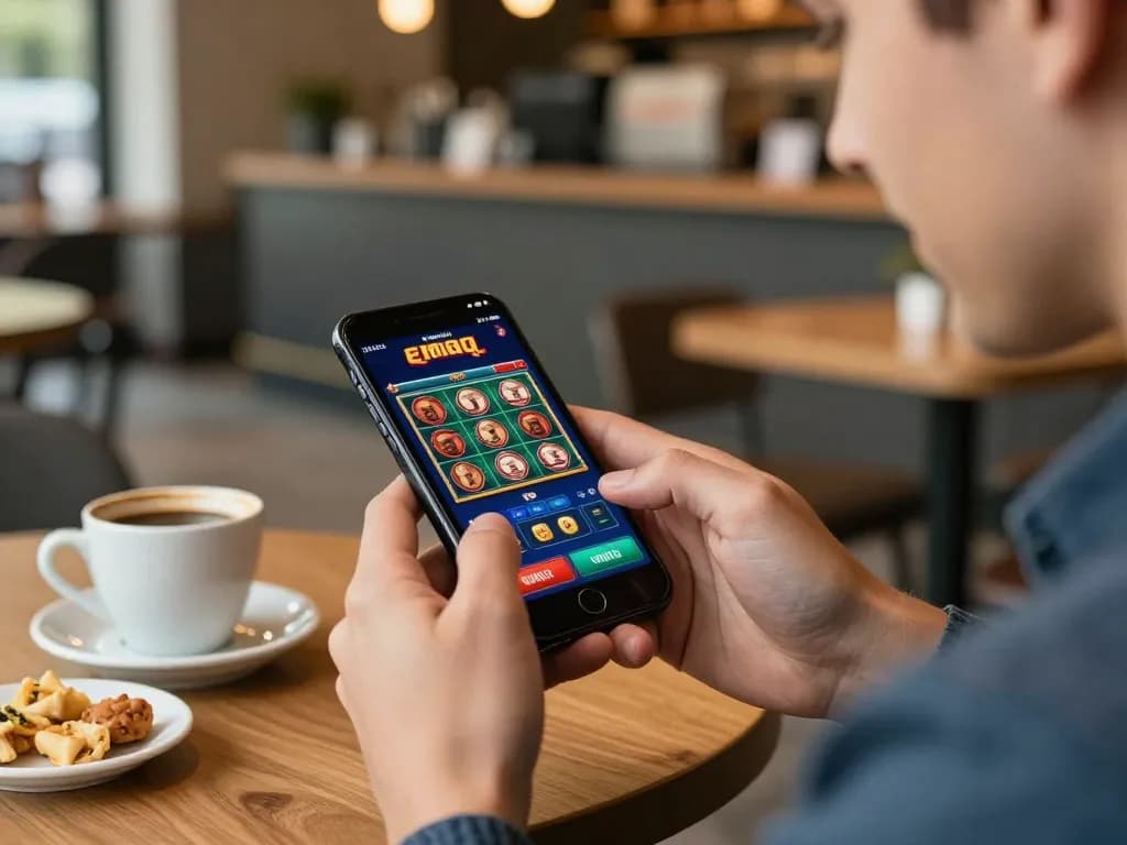 Terlibat dalam permainan yang menarik di aplikasi seluler emaqq di sebuah kafe trendi, menampilkan pengalaman kasino.