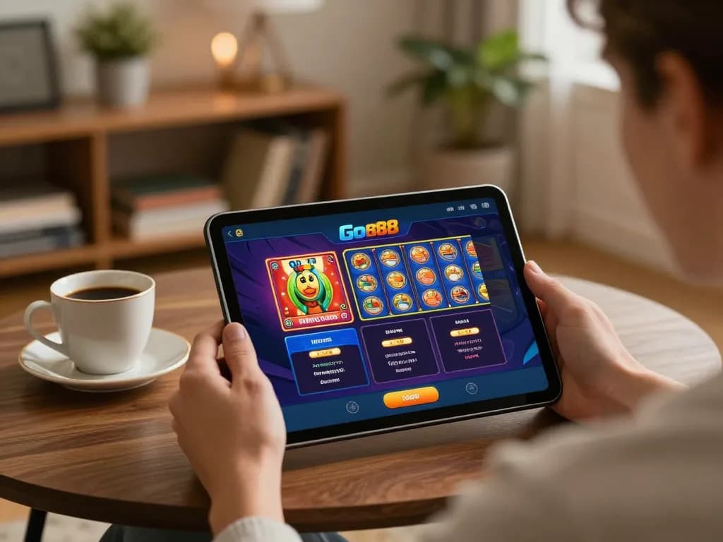 Engaging with Go88 gaming app on a tablet for strategic online gambling in a cozy home