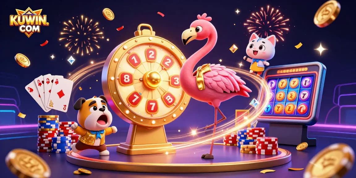 Experience thrilling gambling action at KUWIN. COM with vibrant 3D casino illustration featuring game elements and excitement.