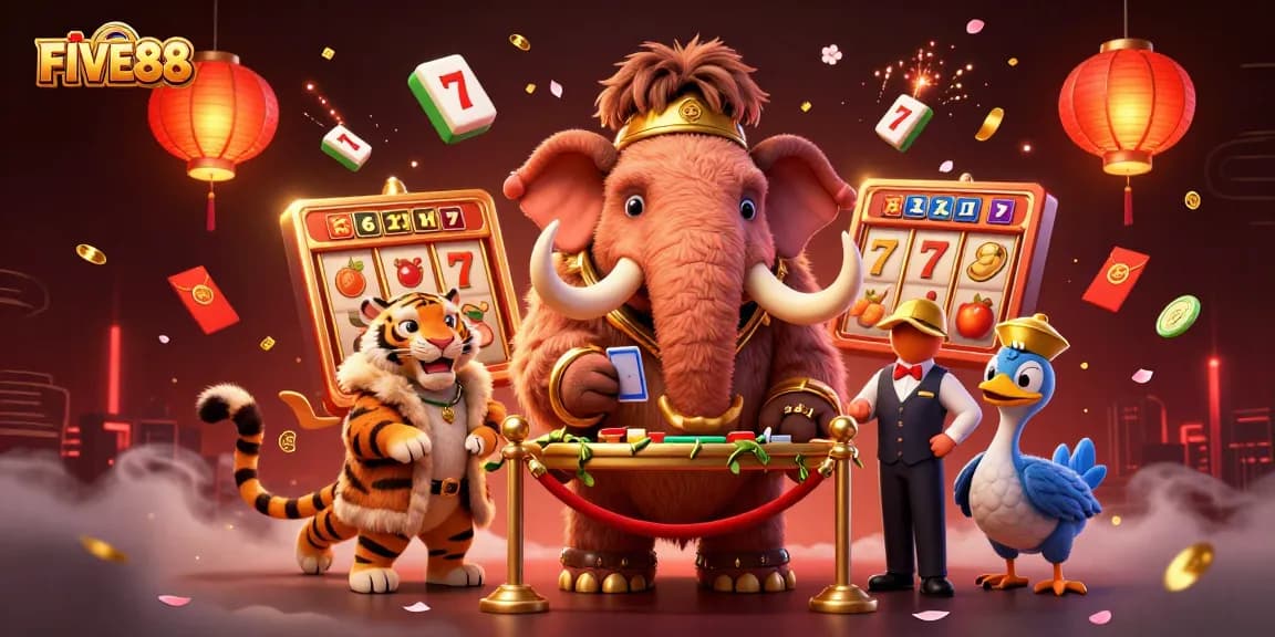Experience the excitement at FIVE88 with a vibrant casino scene featuring a woolly mammoth bouncer and dynamic game elements.