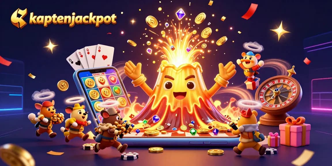Engage with the thrilling kaptenjackpot experience as a golden volcano erupts treasure amidst a festive casino scene.