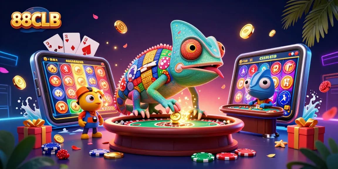 Join the 88CLB extravaganza as the chameleon casino owner snaps up coins amidst vibrant games.