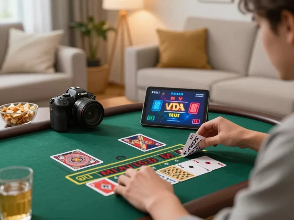 Engaging in live baccarat on 68win from the comfort of home, highlighting focused gameplay.