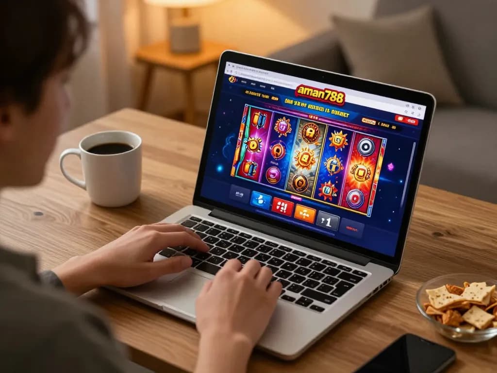 Berinteraksi dengan platform kasino online aman788, menampilkan permainan slot di pengaturan kantor rumah yang nyaman.