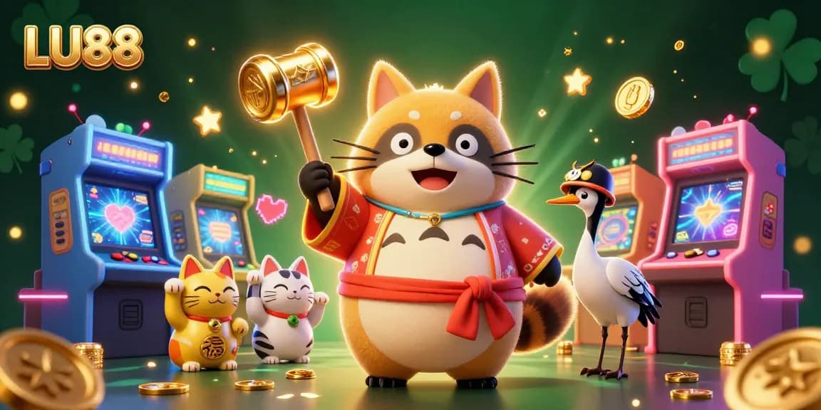 Experience LU88 with cheerful tanuki and lucky cats at an energized casino scene.