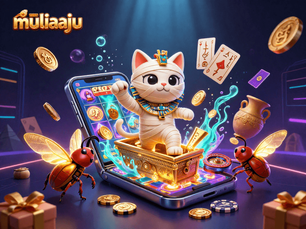 Experience the excitement at muliaaju with a dynamic scene of a mummy cat and glowing scarab in a vibrant casino.
