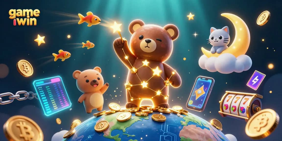 Engage with the thrilling game iwin, featuring a constellation bear collecting coins amidst vibrant slot elements.