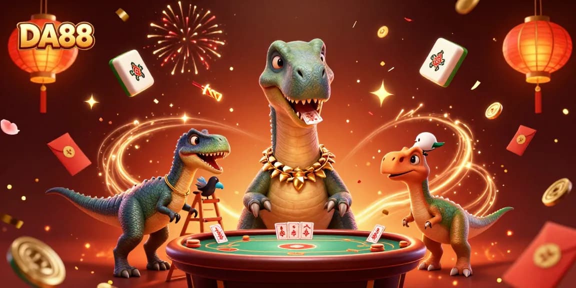 Join the fun at DA88 with a towering brontosaurus and a clever raptor dealing cards at a thrilling poker table.