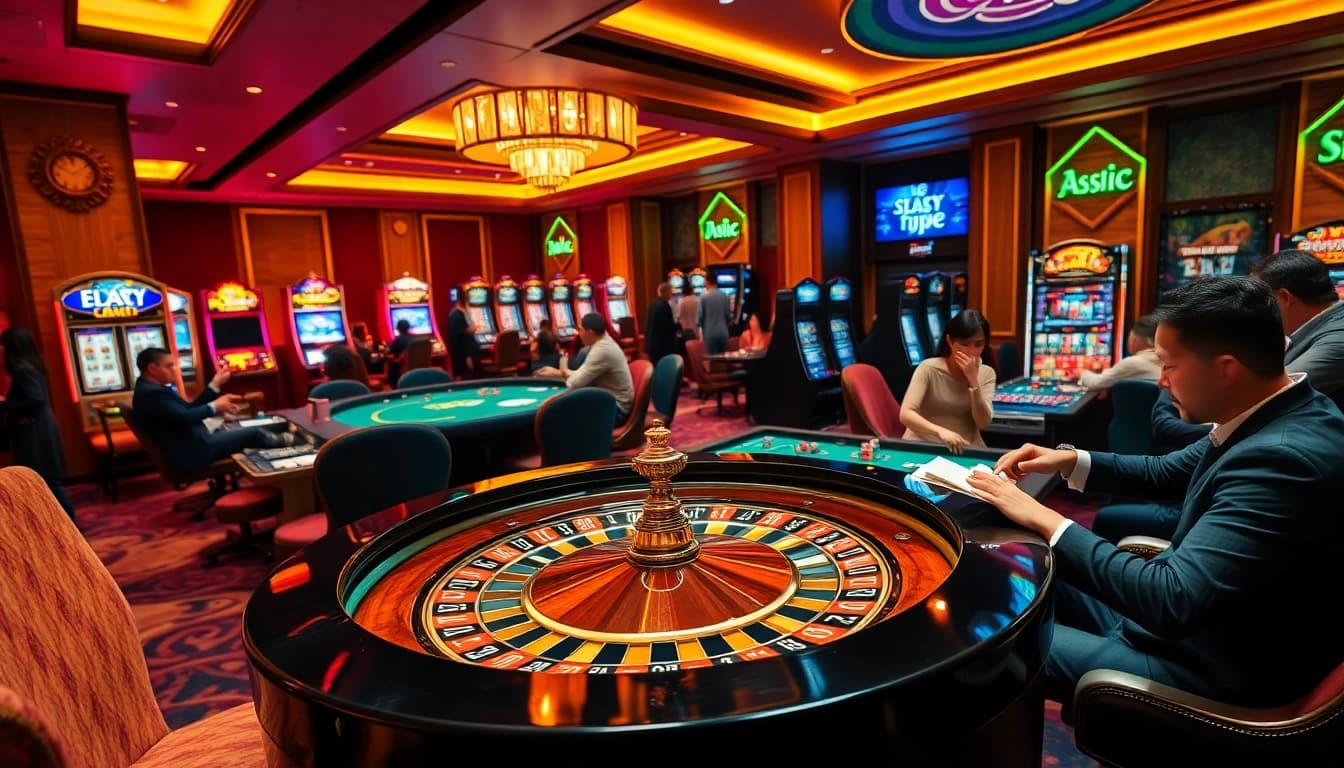 Gambling action at a professional casino scene with excitement at https://fnew88.com/ showcasing players and vibrant games.