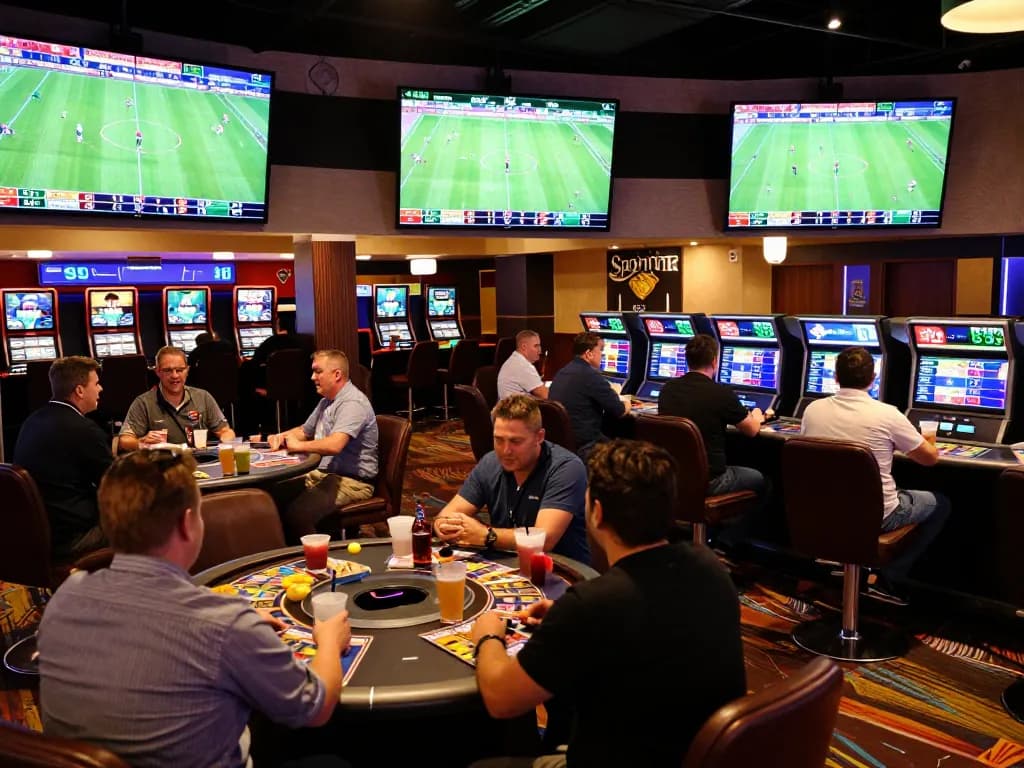 Tỷ Lệ Bóng Đá displayed on screens as excited bettors place bets in a bustling casino environment