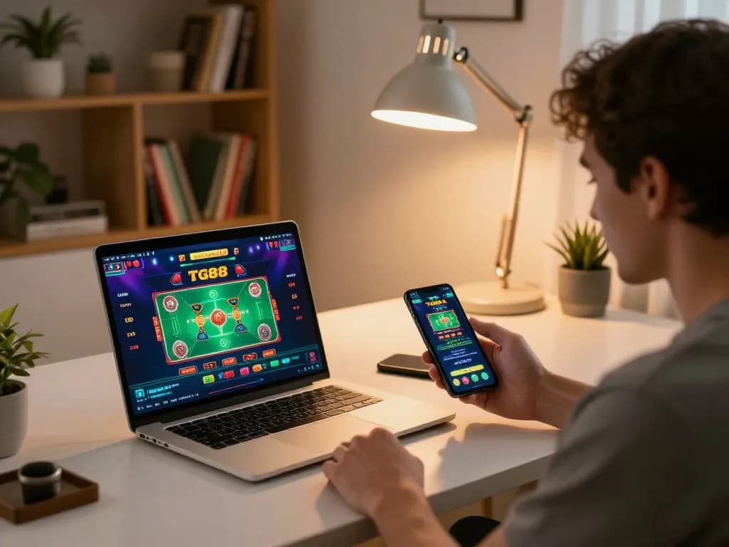 TG88 online casino app displayed on smartphone in a cozy home gaming setup