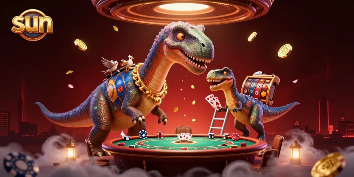 Experience thrilling casino action with a giant brontosaurus and raptor dealer in the sun.
