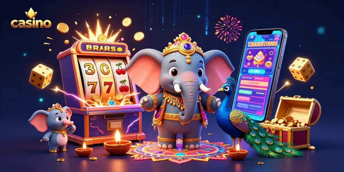 Engage with the vibrant casino scene featuring a bursting slot machine, colorful characters, and jackpot excitement.