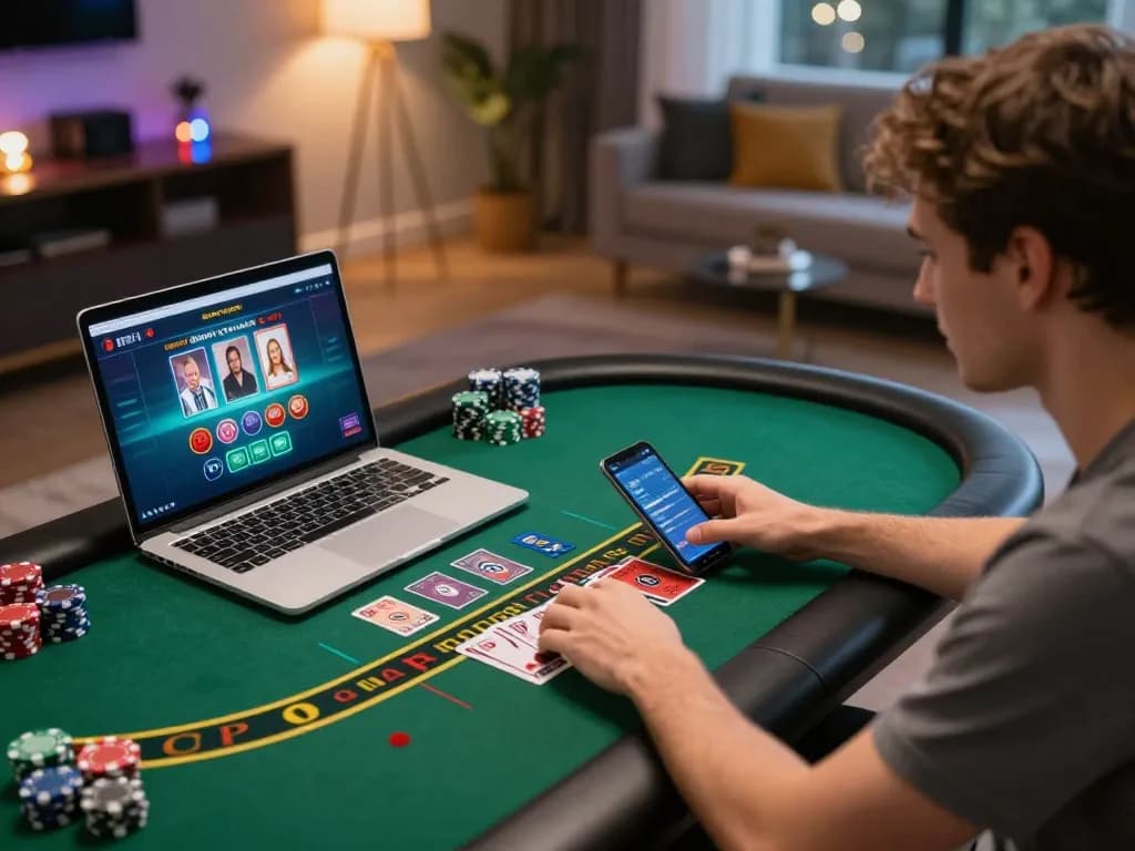 Player engaging in bl555 online blackjack with chips at home desk, highlighting strategic gameplay.