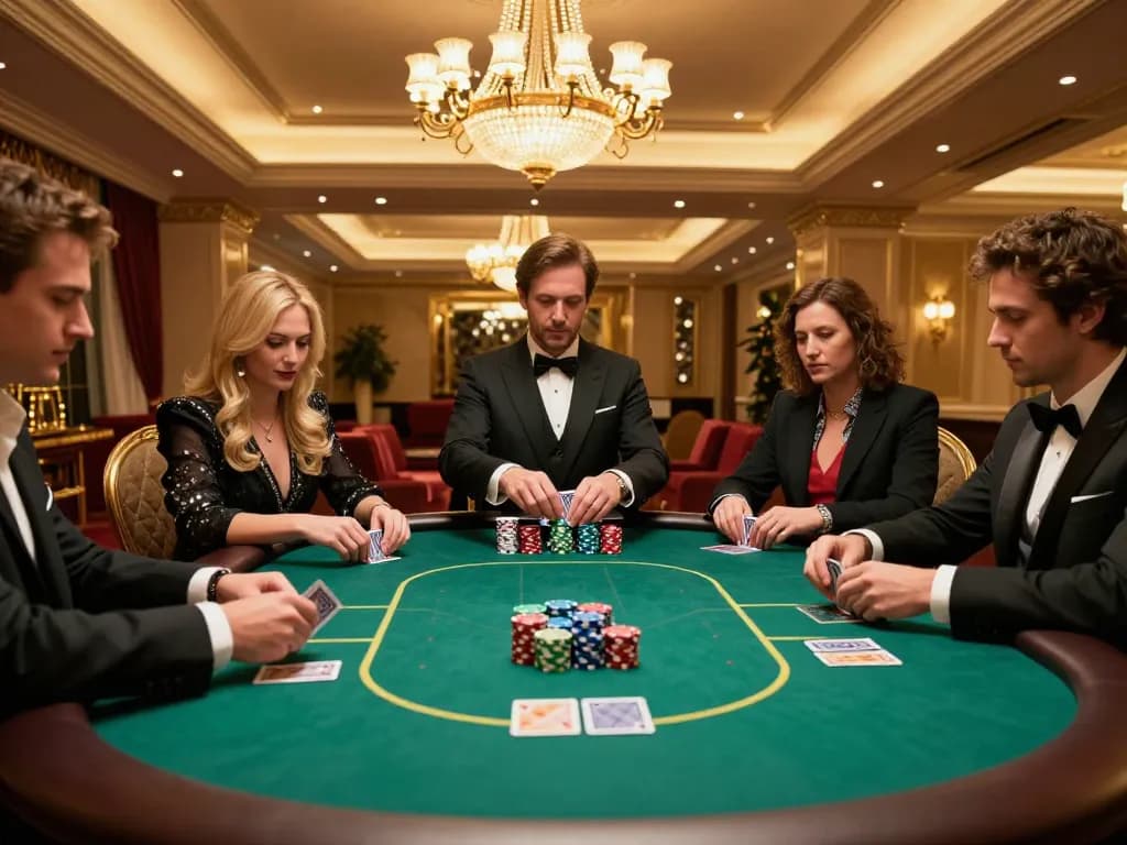 IWIN CLUB high-stakes poker game in elegant high-roller room, players focused on cards with vibrant chip stacks