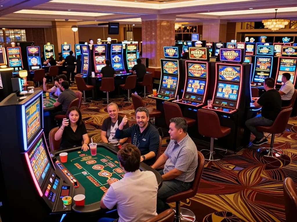 A dynamic casino scene featuring players enjoying various games at Iwin, showcasing excitement and luxury.