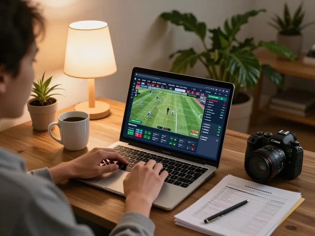 KÈO TRỰC TUYẾN displayed on a laptop screen during a relaxed sports betting session at home.