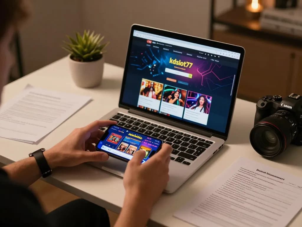 Engaging in mobile gaming at kdslot77 with a sleek laptop setup and casino app in use.
