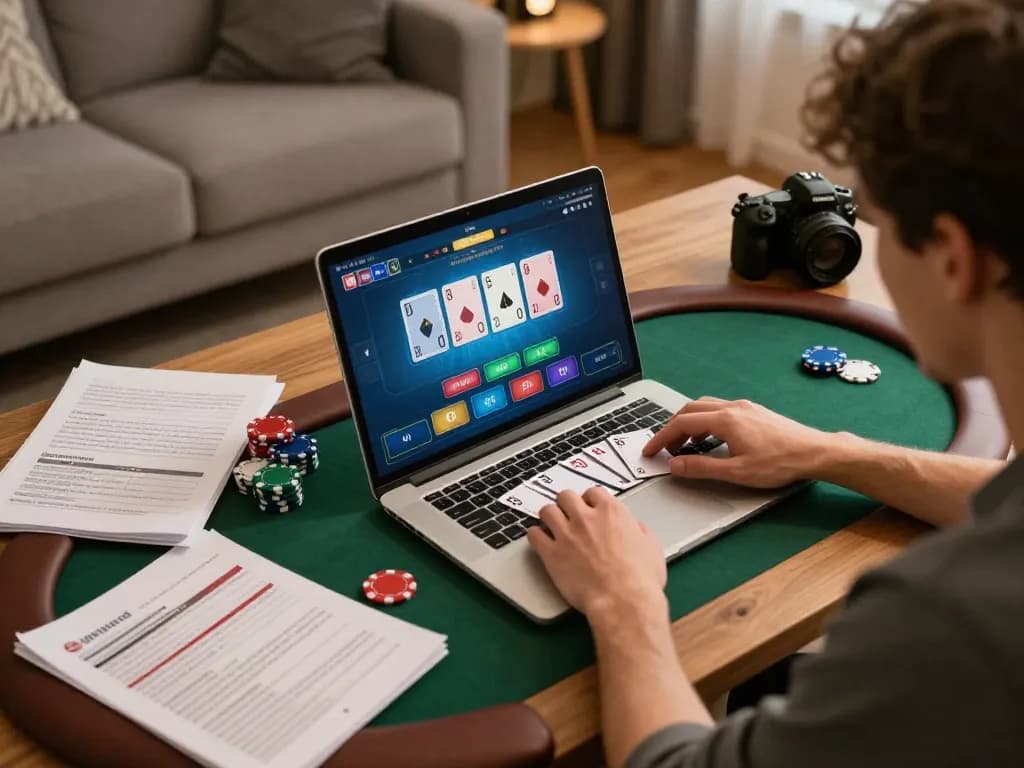 Engaged player enjoying the strategic gameplay of sky88 club poker online, surrounded by notes and cozy home atmosphere.