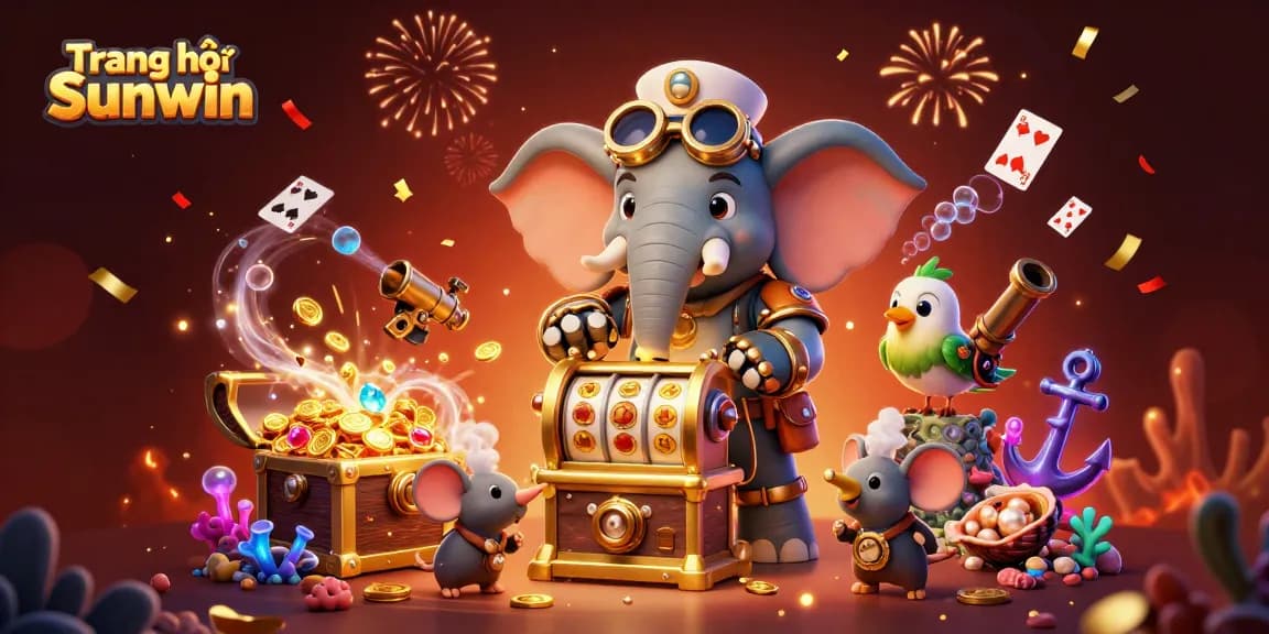 Engage in gaming excitement at Trang chủ Sunwin with a vibrant scene featuring a steampunk elephant and treasures.