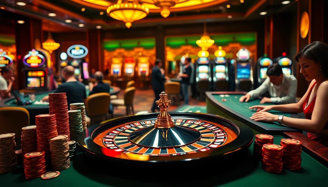 Experience the excitement of gambling action at 69VN with vibrant casino tables and engaged players.