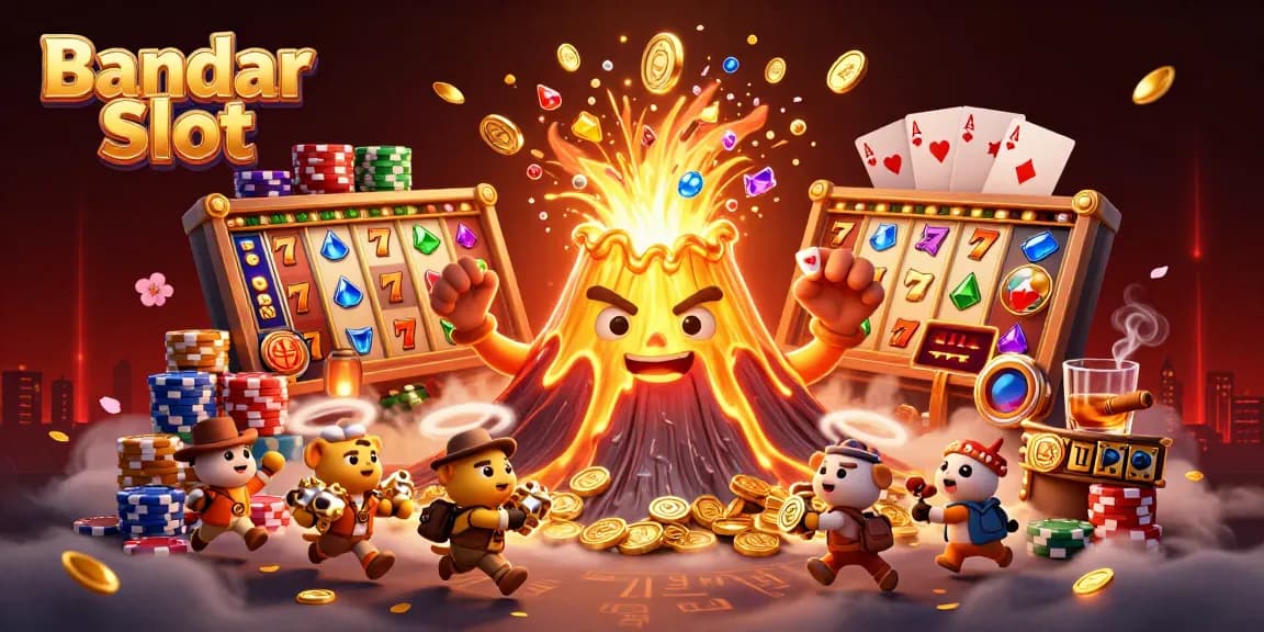 Menangkan hadiah dengan Bandar Slot melalui ilustrasi nan cerah dan menarik, penuh simbol slot dan petualangan.