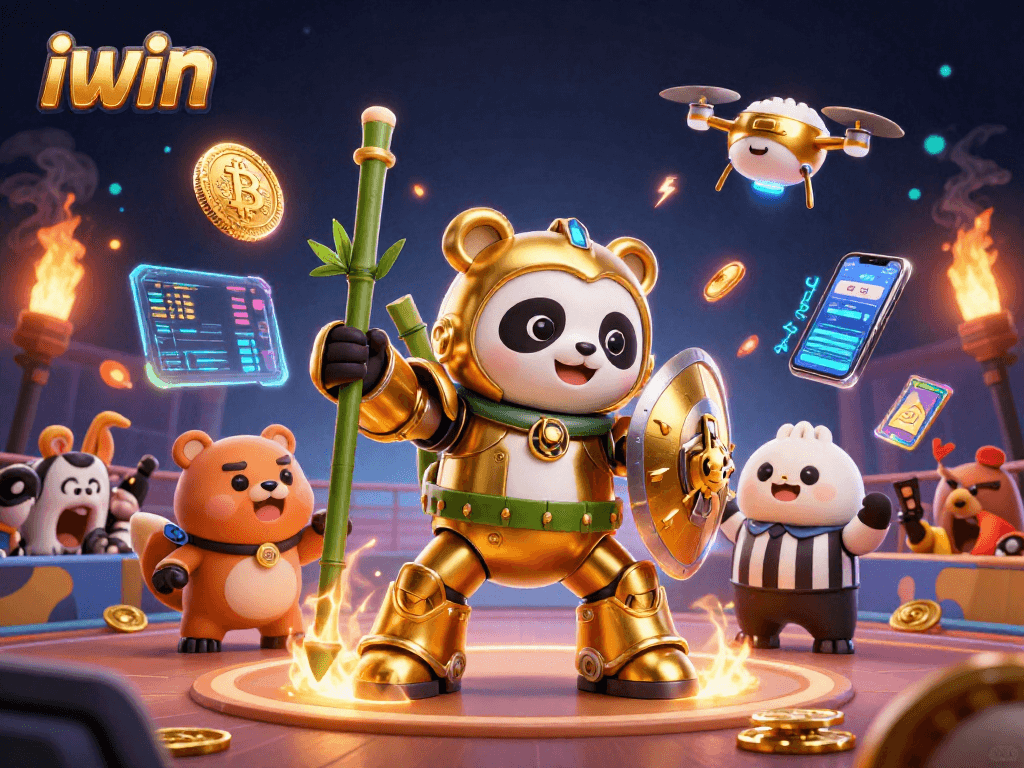 iwin showcases an exhilarating 3D casino scene with energetic characters and cryptocurrency elements.