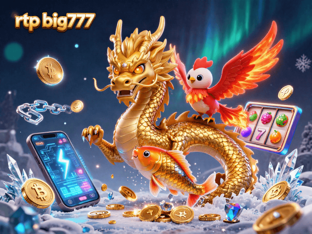 Melihat rtp big777 dalam ilustrasi 3D yang menampilkan naga emas dan ikan koi beruntung dalam suasana kasino.
