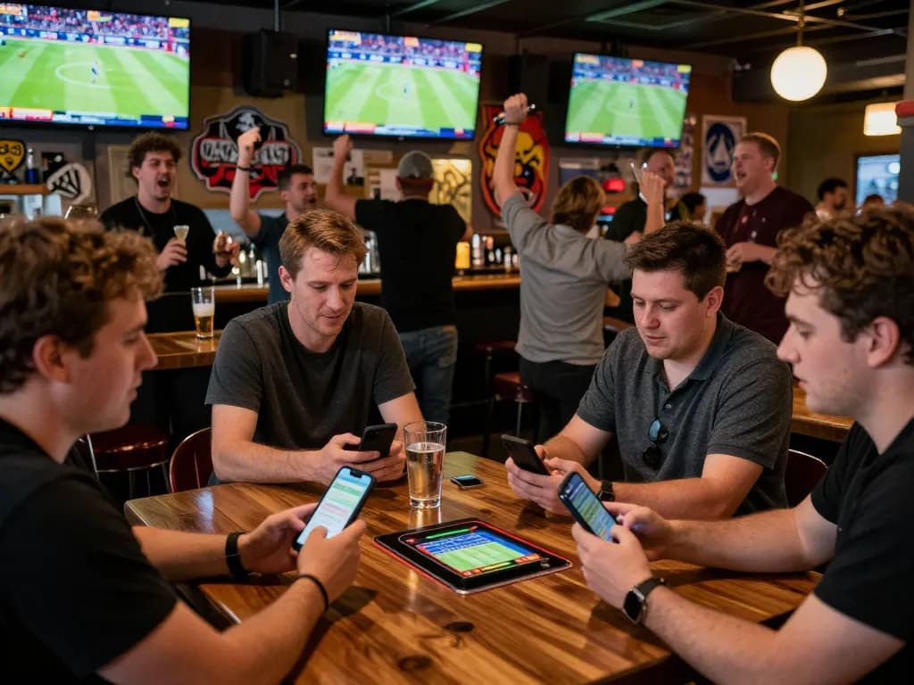Engaged bettors at 789win's sports bar place bets during a live game, showcasing excitement.