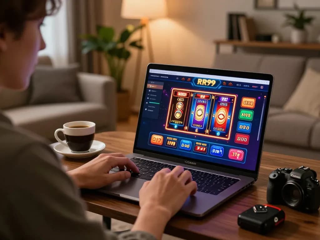 Engaged player using RR99 online casino on a laptop in a cozy living room setting.