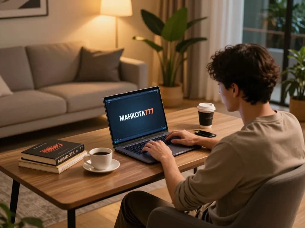 Suasana menarik dari pengaturan permainan online MAHKOTA777 yang menampilkan seorang pengguna di laptop dalam ruang kerja yang stylish.
