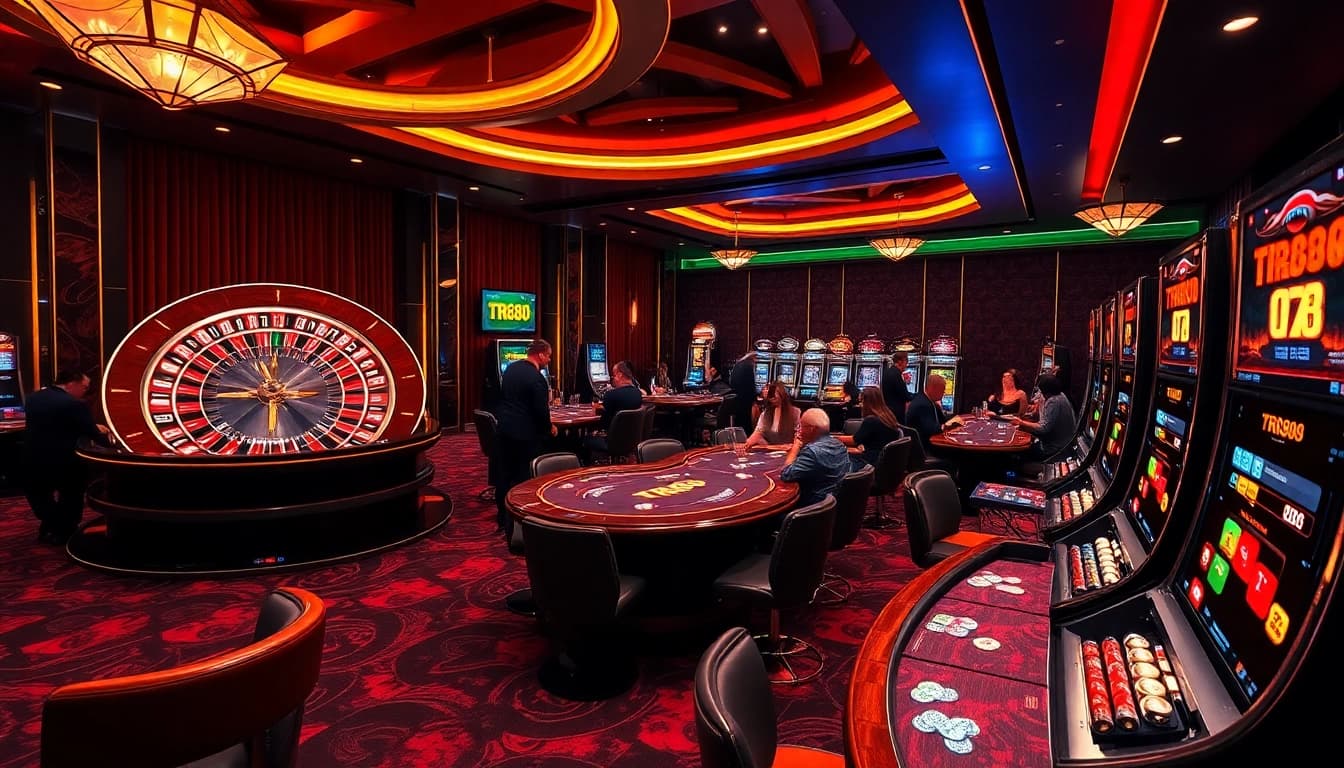 Experience the thrill of gambling at TR88, featuring lively casino action with poker chips and cards.