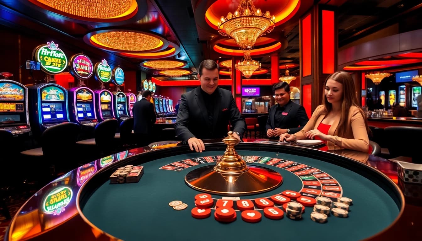 Exciting casino scene in SODO featuring a roulette table and luxurious slot machines.