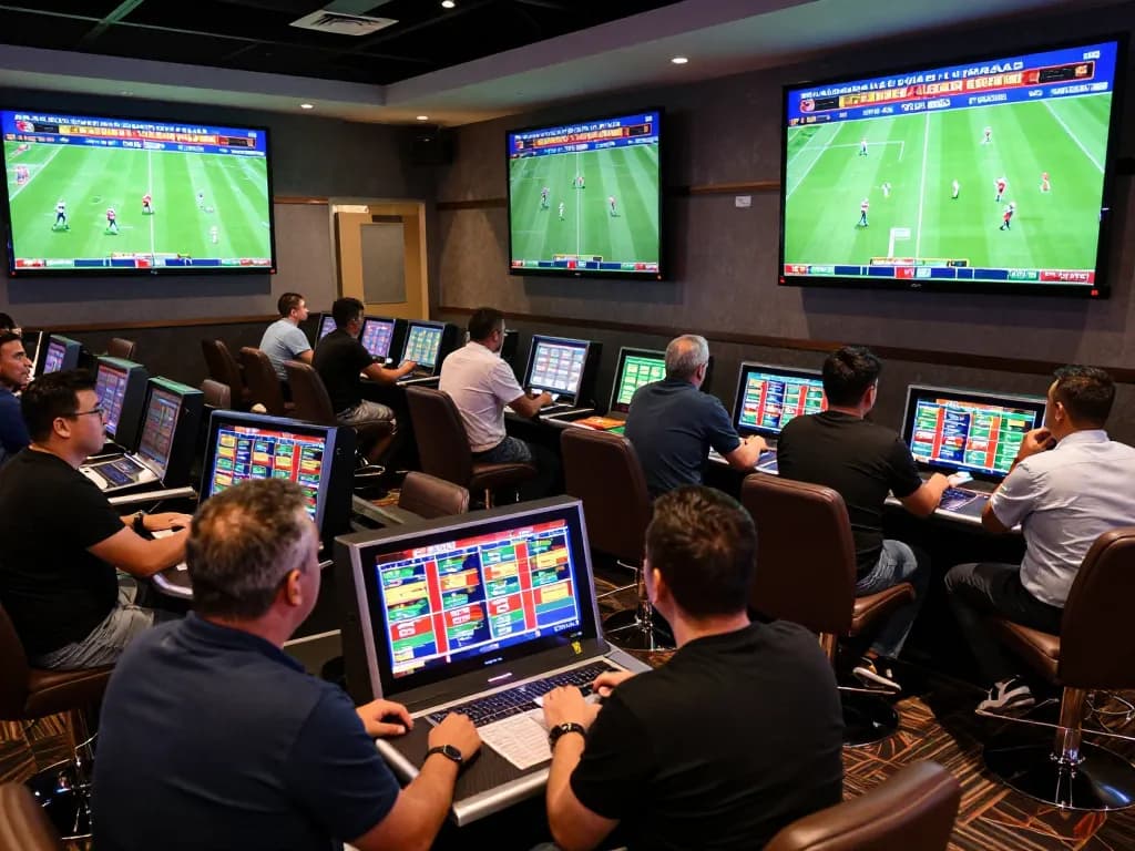 Tỷ Lệ Bóng Đá displayed on screens in a lively sports betting area, capturing the thrill of the game