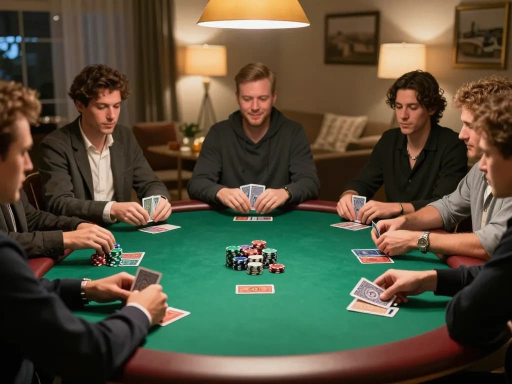 cm88 poker table with enthusiastic players, cards and chips ready for action during a home game night.