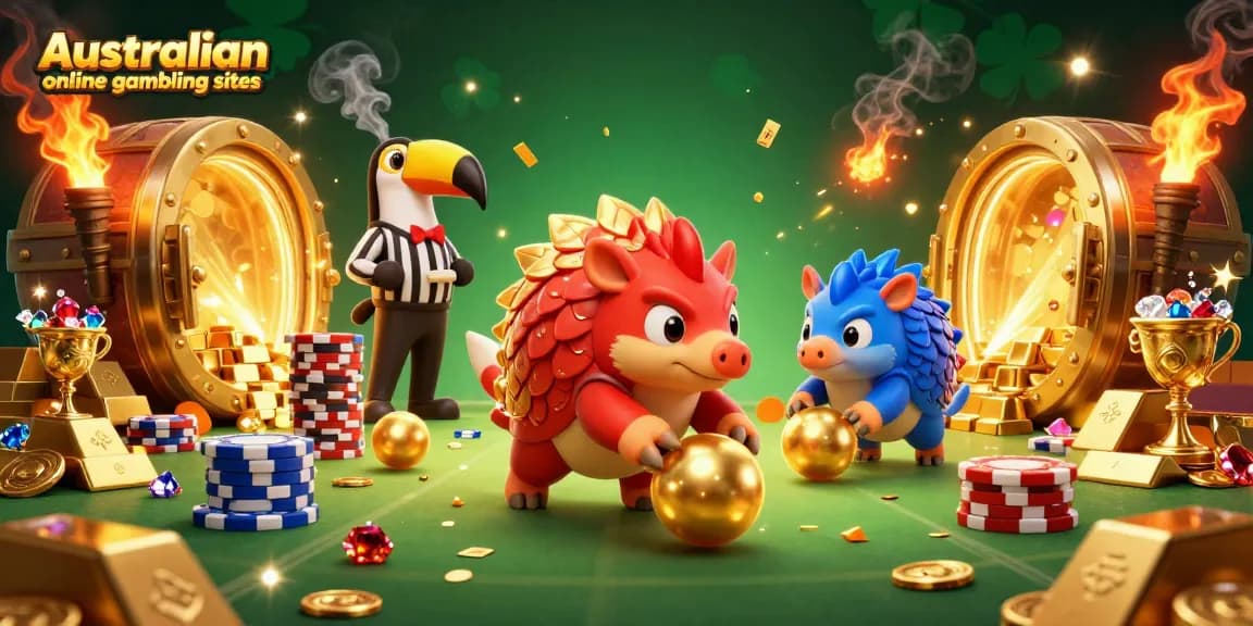Engage with Australian online gambling sites as rival pangolins navigate golden treasures in an exciting 3D scene.