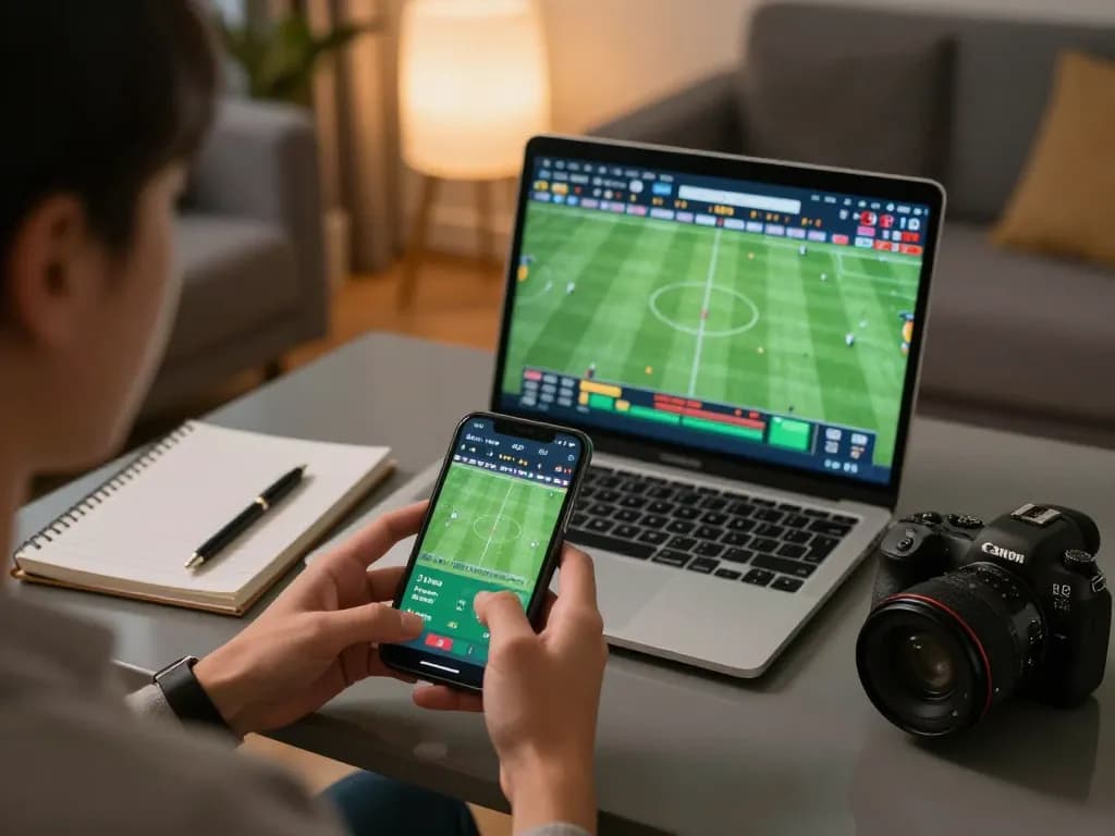 Engaged user placing bets on keo nha cai while following live sports in a cozy home setting.