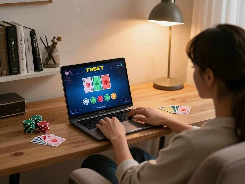 Playing poker on F8BET with chips and cards visible in a cozy home gaming setup
