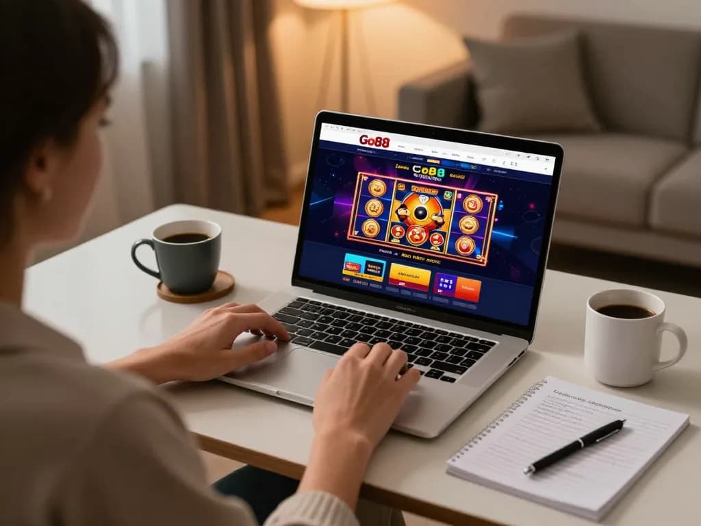 Engaging user exploring Go88 online casino on a laptop in a cozy home setting