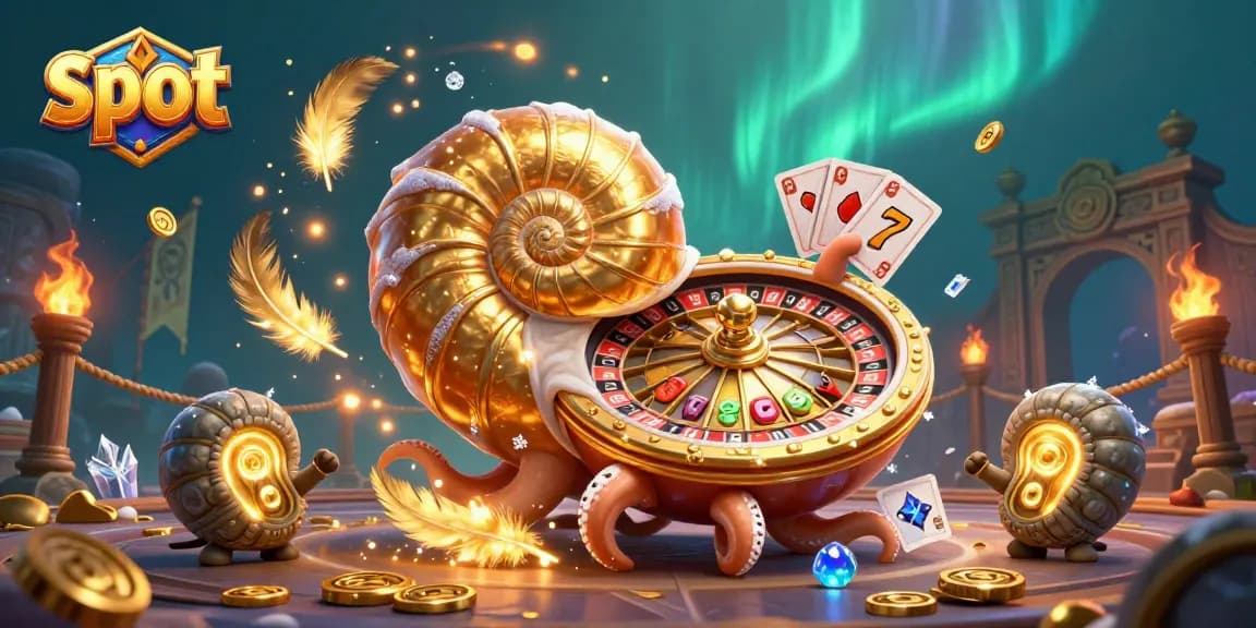 Mainkan slot dengan ilustrasi nautilus raksasa berputar yang memegang kartu dan dikelilingi simbol keberuntungan.