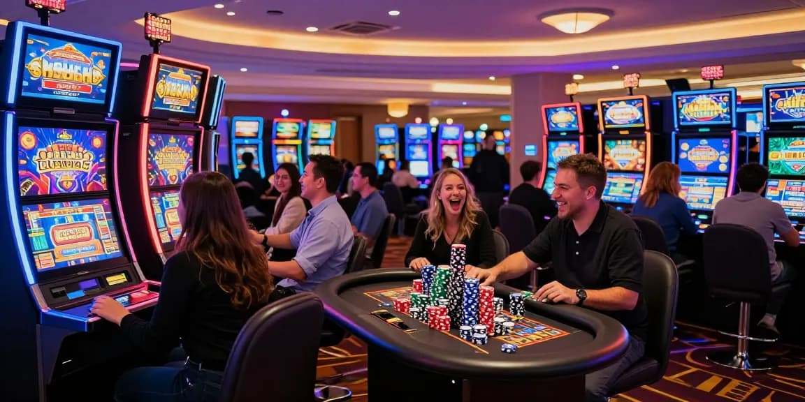 Situs slot gacor dengan suasana kasino yang cerah dan ramai, pemain berinteraksi dengan mesin slot modern.